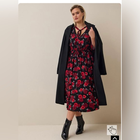 Rose Black Flora MIDI Challis Tie Neck Dress - Picture 2 of 7